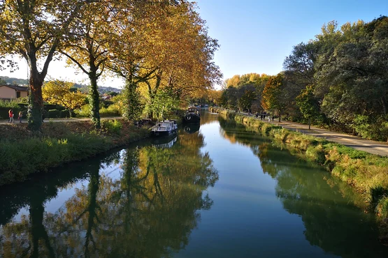 Canal calme bordé d’arbres aux couleurs d’automne et de chemins, avec le reflet de la végétation dans l’eau.